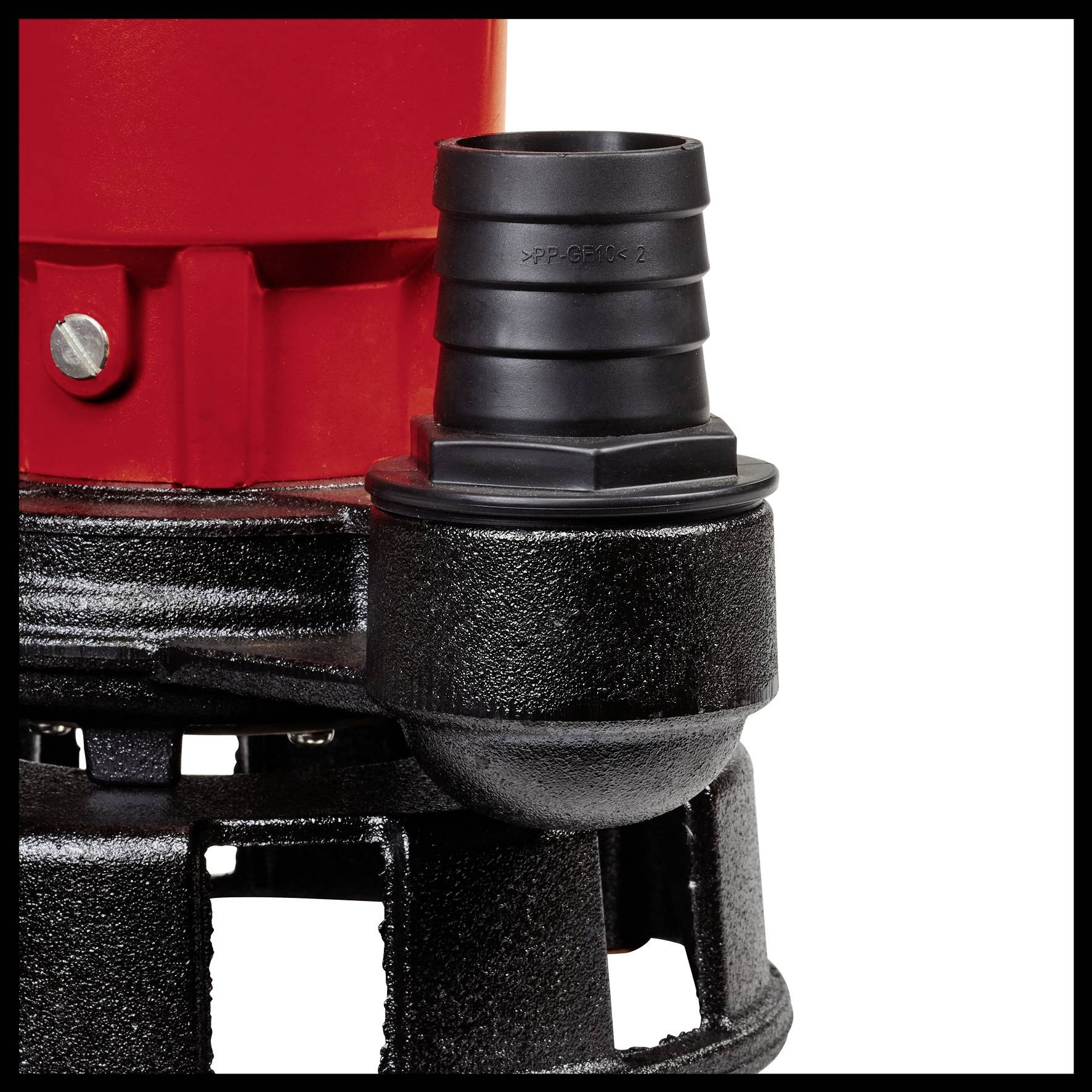 A close-up of a waterproof, black and red submersible pump with a robust outlet, suitable for industrial use.