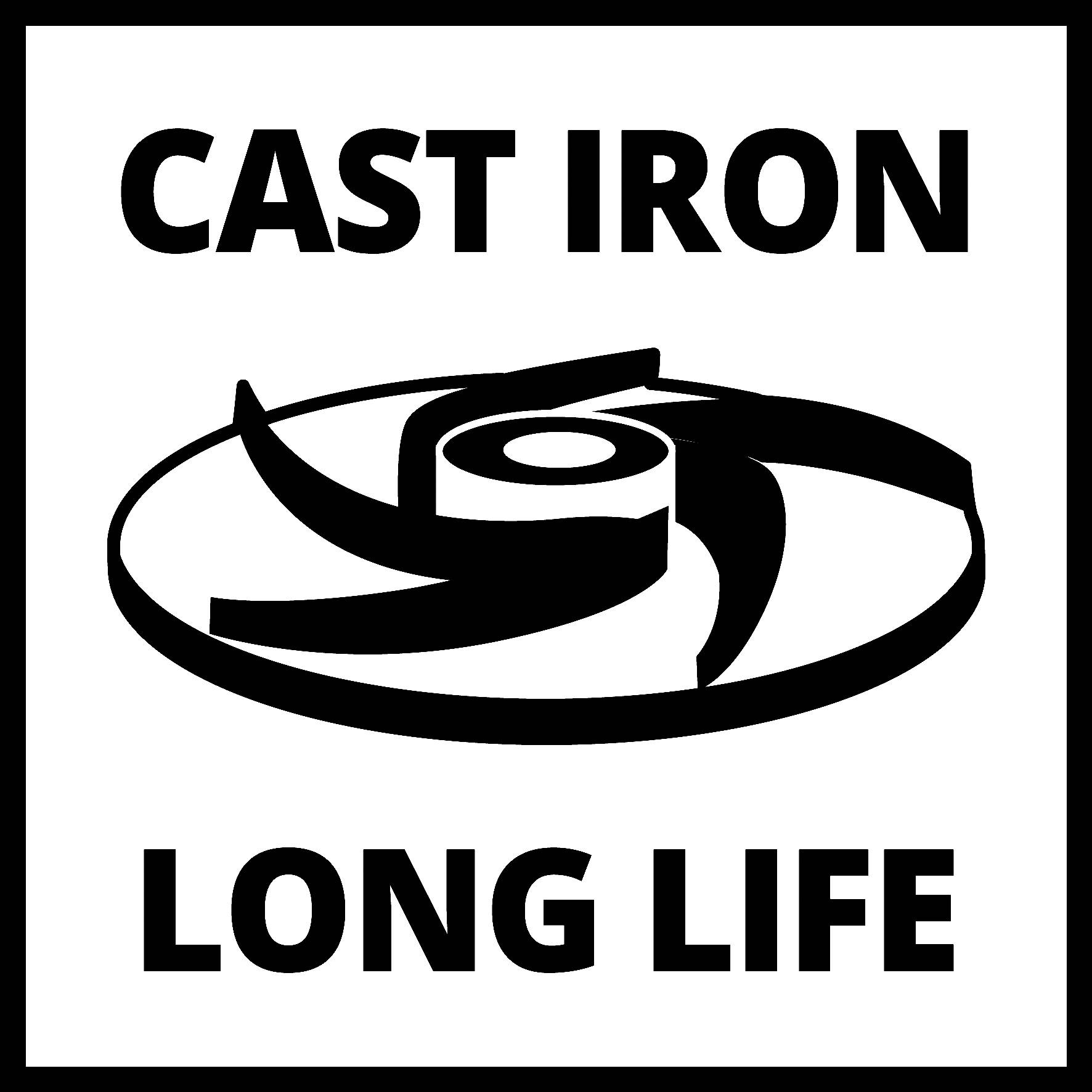 Cast Iron Cutting Blade Logo with text 'CAST IRON LONG LIFE' showcases a robust cutting tool designed for durable use.