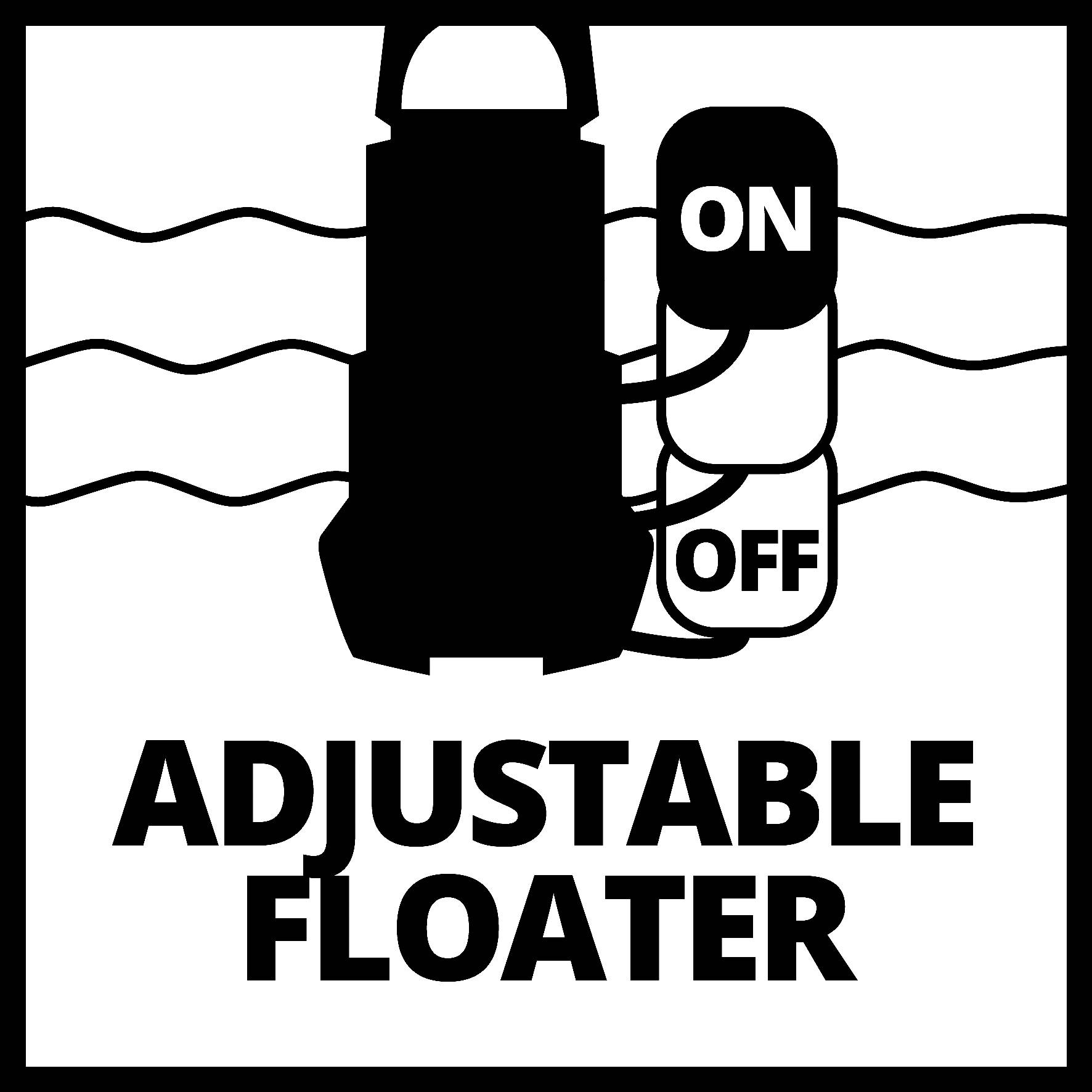 A switch marked 'ON' and 'OFF' is shown connected to a floater. Below it reads 'ADJUSTABLE FLOATER'.