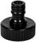 Black plastic adapter for garden hoses with a ribbed edge and connection opening at the top.