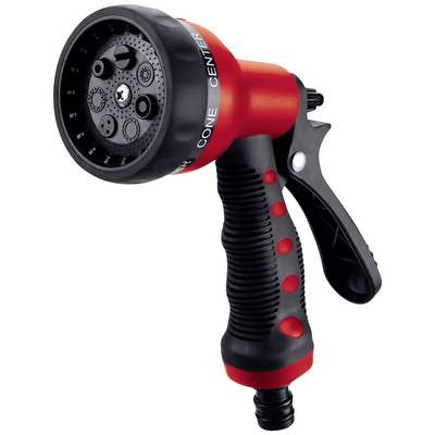 A black and red garden spray head with adjustable spray mode and ergonomic handle.