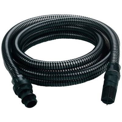 A black, flexible hose arranged in a loop with connections at both ends, is likely used for water or air.