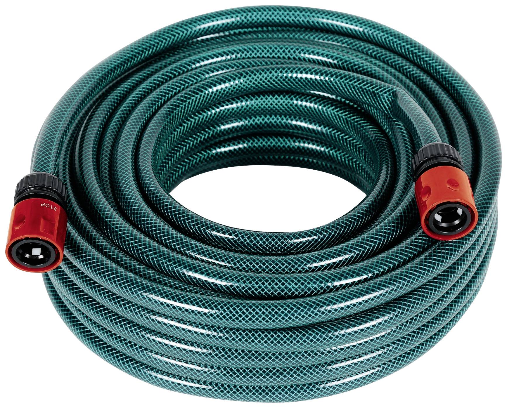 Green garden hose with red connectors, coiled on a light background.