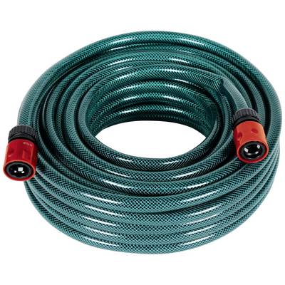 Green garden hose with red connectors, coiled on a light background.