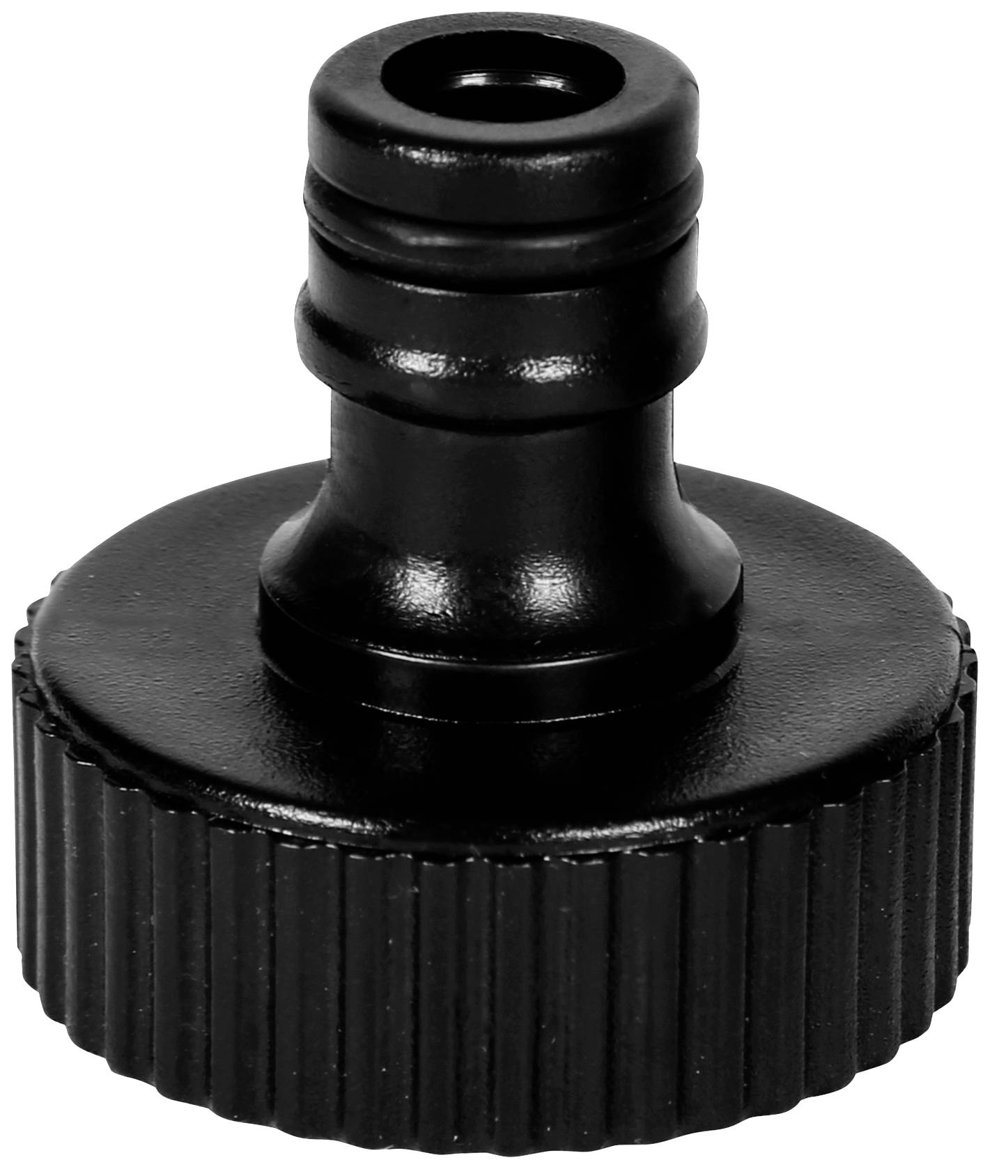 A black plastic adapter with a ribbed edge, suitable for connecting hoses to other devices.