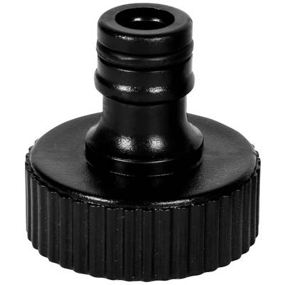 A black plastic adapter with a ribbed edge, suitable for connecting hoses to other devices.