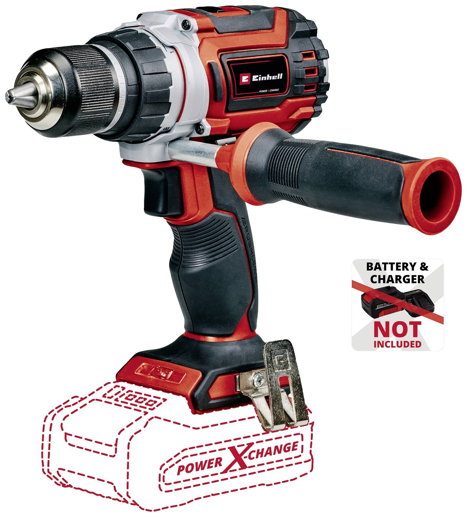 Cordless drill shown without battery and charger, text 'Battery & charger not included'. Marking for 'Power X-Change' battery.
