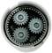 Three small gears are symmetrically arranged within a larger gear, forming a planetary gear system.