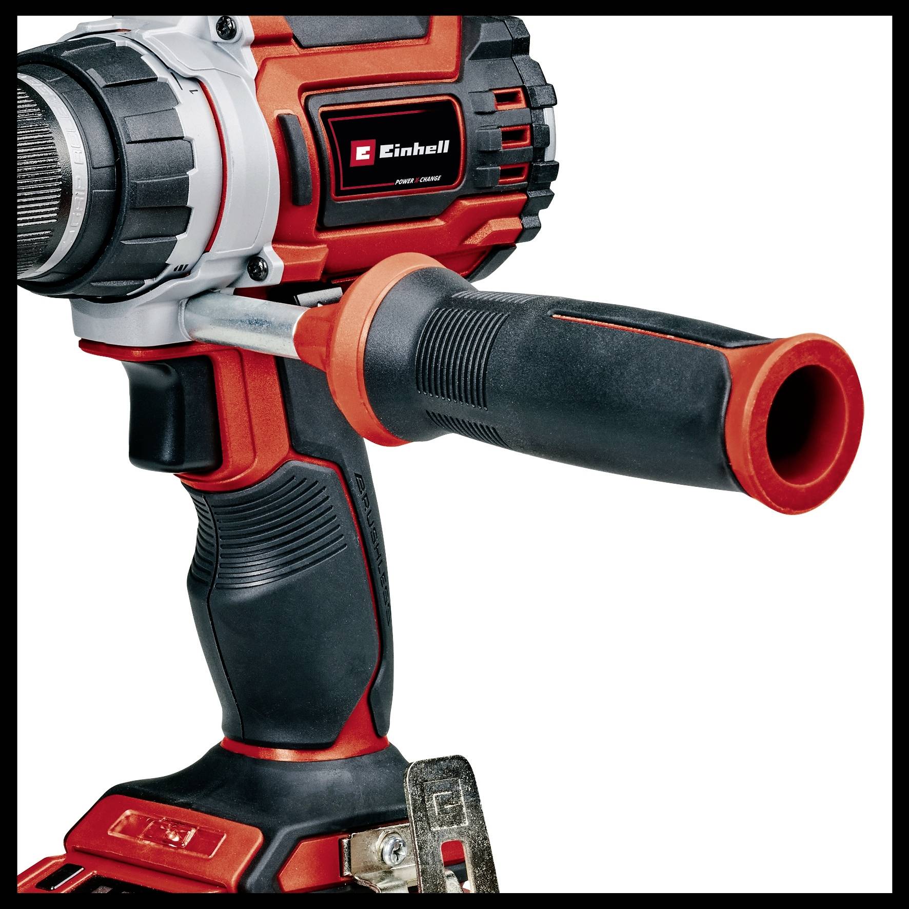 Close-up of an electric drill driver, red and black with an ergonomic handle. Brand name visible on the casing.