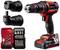 A red cordless drill with drill bit set and two interchangeable attachments. Perfect for DIY projects.