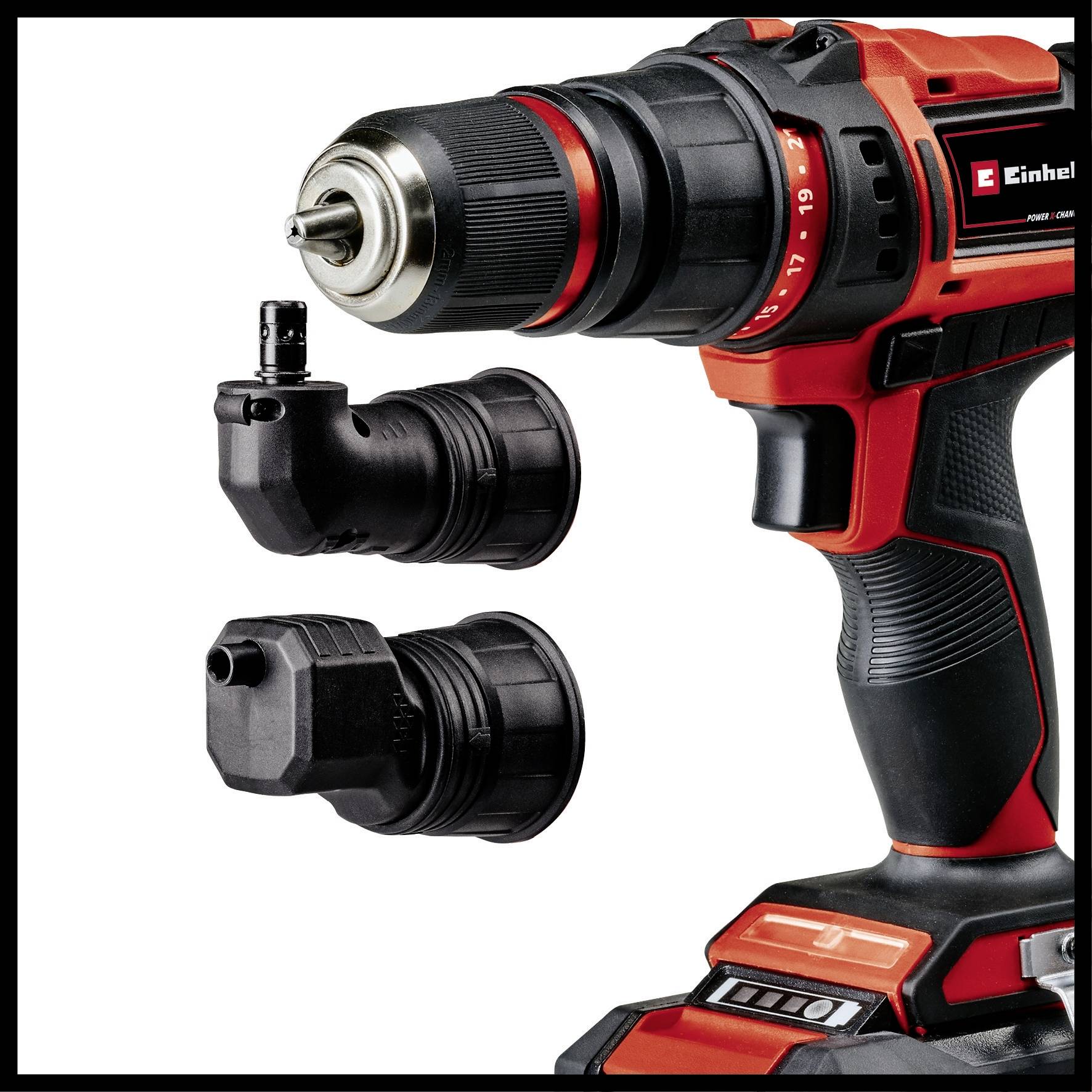 Cordless drill by Einhell with two interchangeable attachments for angles and hard-to-reach areas. Main device in red and black.