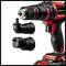 Cordless drill by Einhell with two interchangeable attachments for angles and hard-to-reach areas. Main device in red and black.