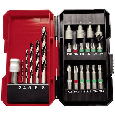 Drill and Bit Set in red case. Includes spiral drills and various screwdriver bit sizes.