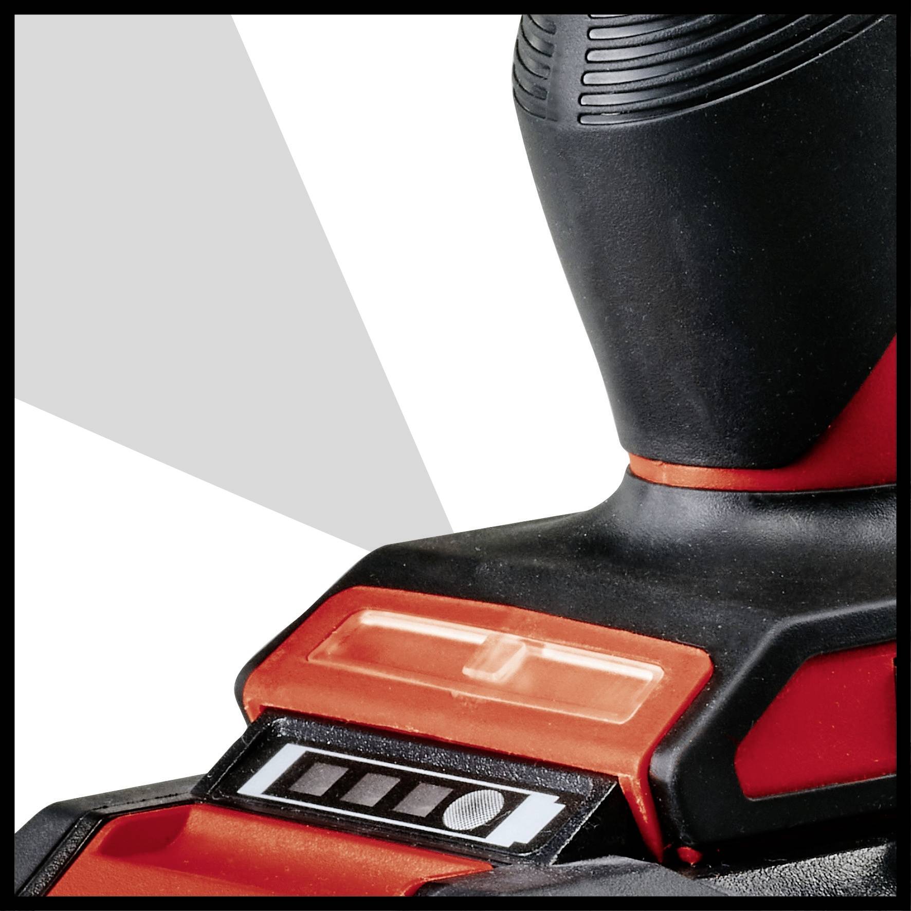 A cordless electric drill in close-up, focused on the handle and housing. The design is black and red.