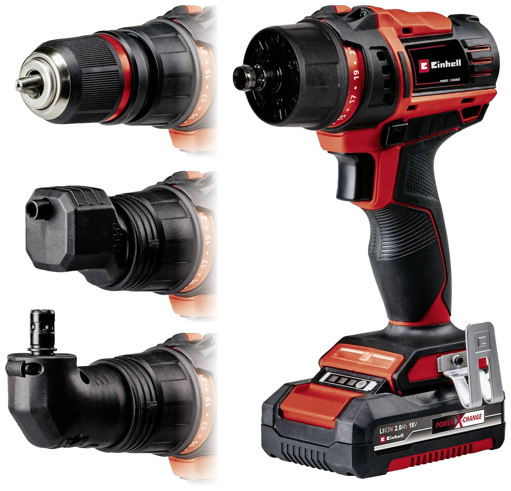 Cordless drill and drill machine in red and black with interchangeable attachments. Shows various drill and screw heads for versatile applications.