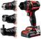 Cordless drill and drill machine in red and black with interchangeable attachments. Shows various drill and screw heads for versatile applications.