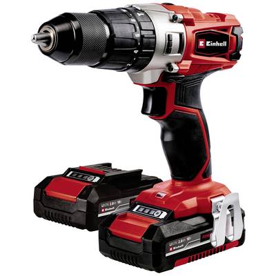 Einhell cordless drill driver in red and black, with two interchangeable 18V Li-Ion batteries.