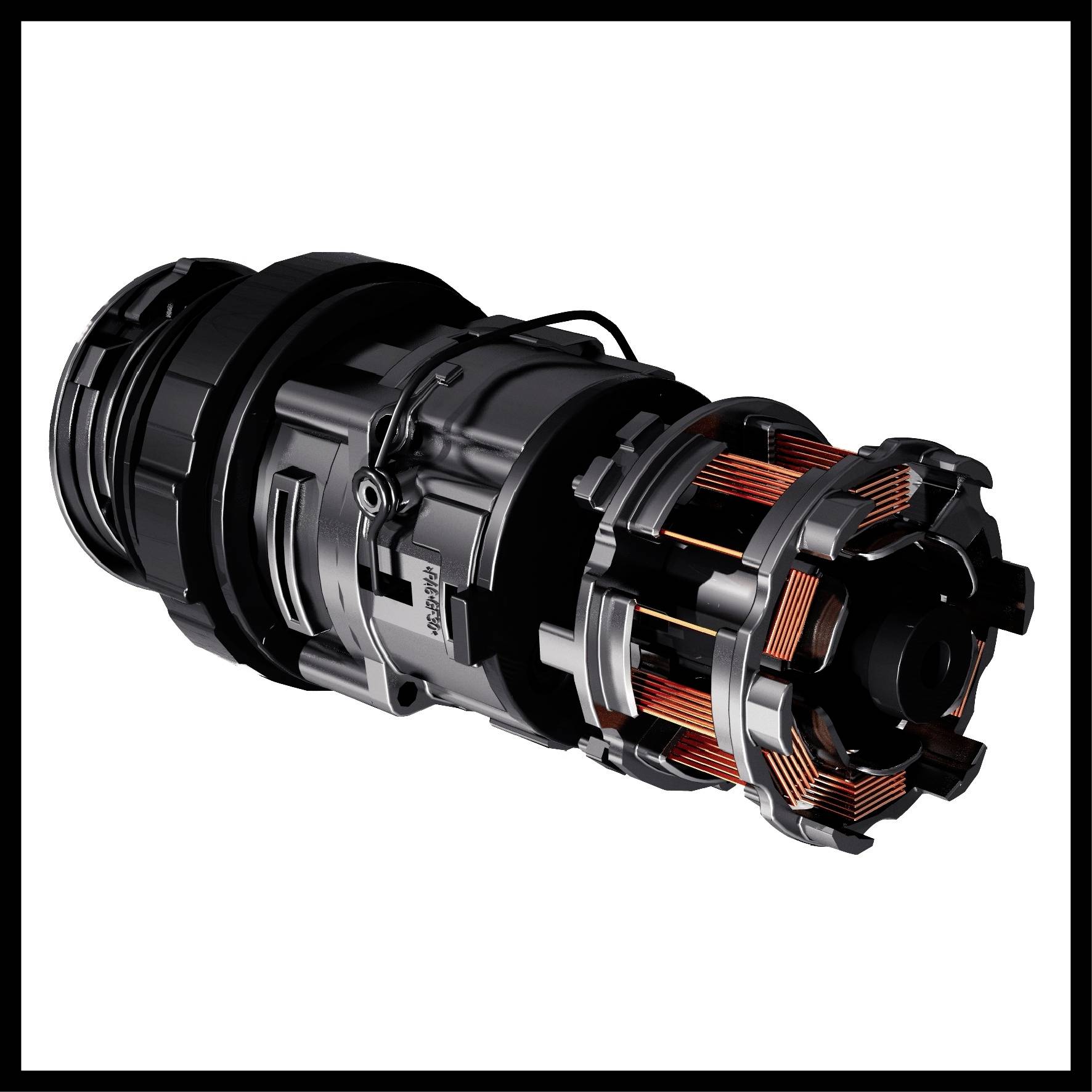 Black technical design motor with copper coils, shows detailed mechanics and components.