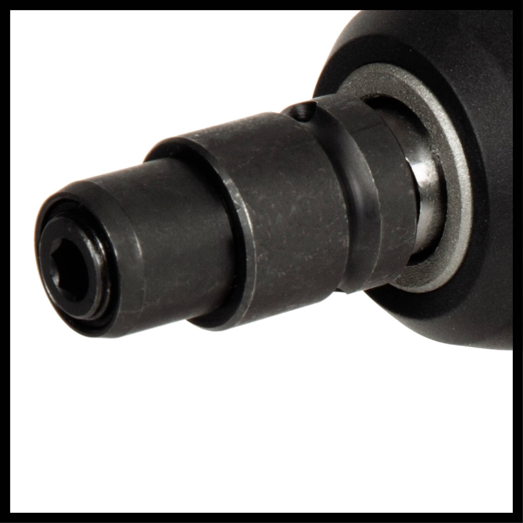 Close-up of a metal drill chuck with a drill bit inserted.