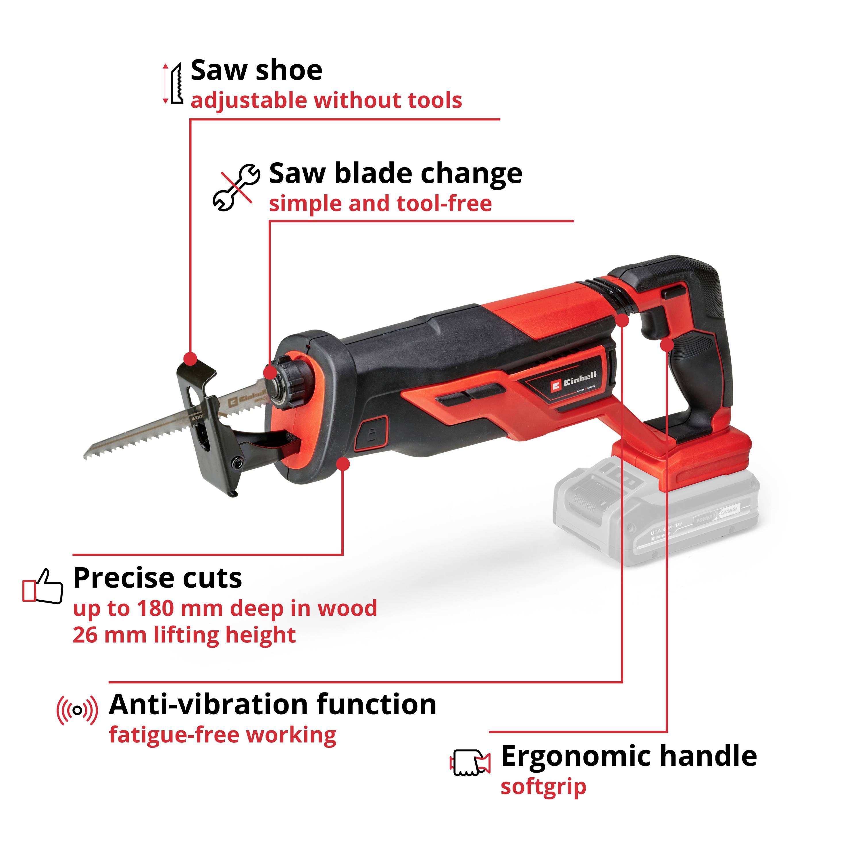 An electric reciprocating saw with an ergonomic handle. Features: adjustable shoe, blade changing mechanism, precise cuts. Ideal for woodworking.