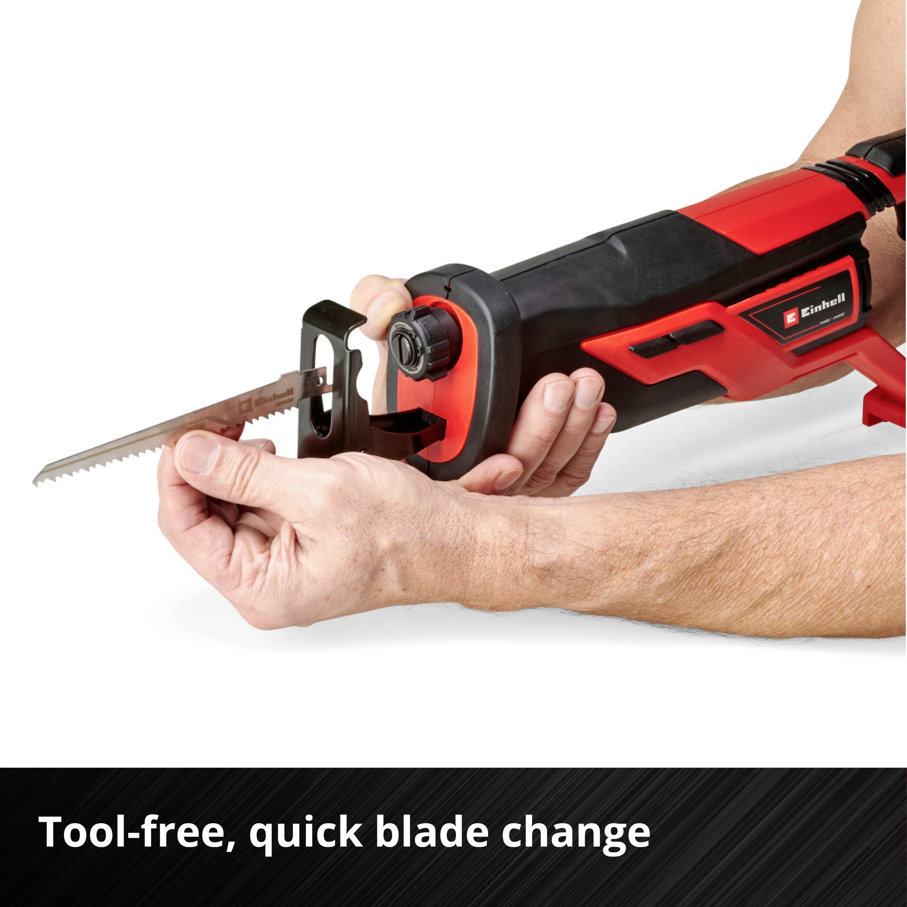 A hand is holding a red electric saw with a blade that can be changed without tools, with text reading 'Toolless and quick blade change'.