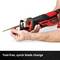 A hand is holding a red electric saw with a blade that can be changed without tools, with text reading 'Toolless and quick blade change'.