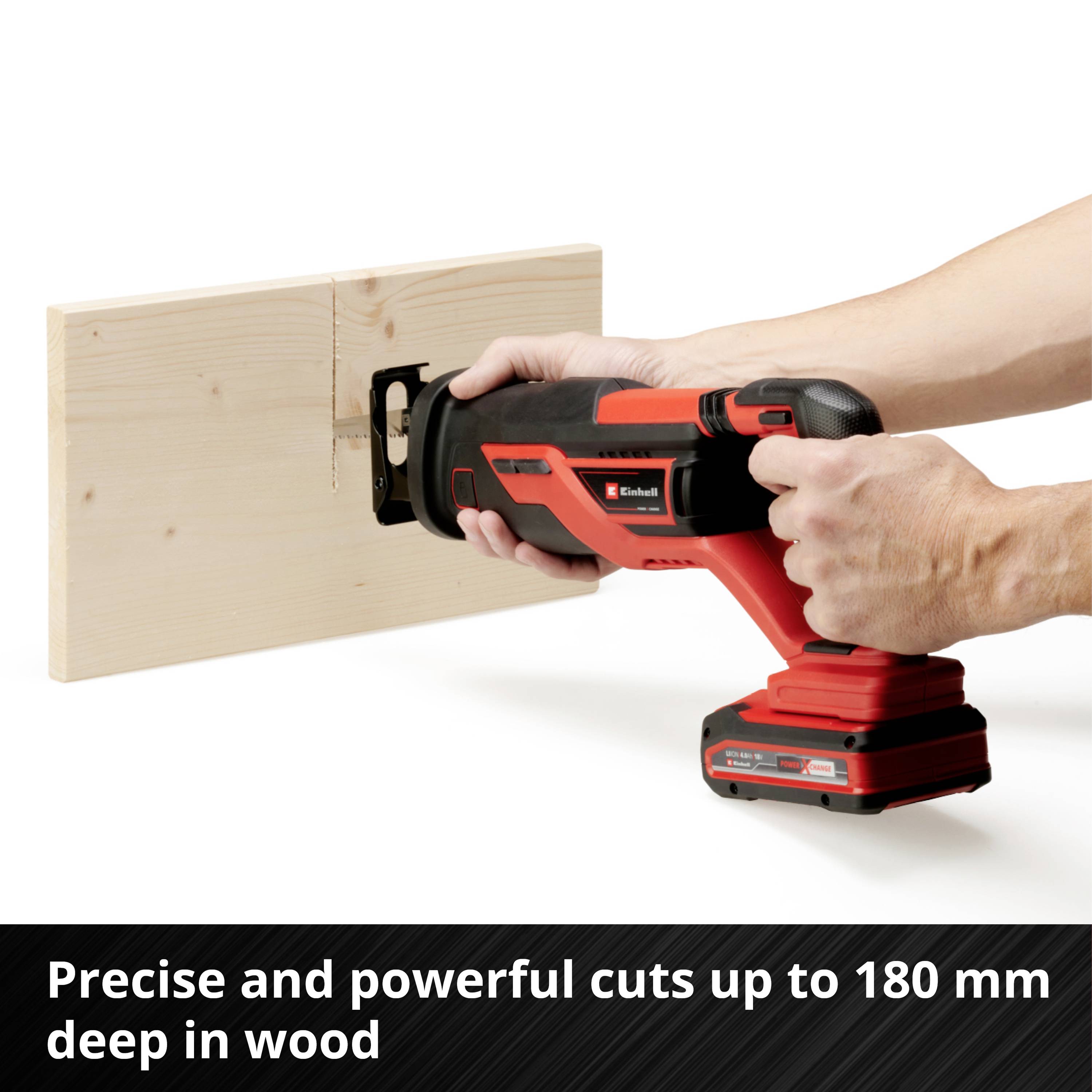 Circular saw cuts 180 mm deep into wood. One person holds the saw, positioning it against a wooden beam. Text: 'Precise and powerful cuts'.