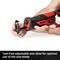 A hand is holding an electric saw with an adjustable shoe for efficient use of the saw blade.