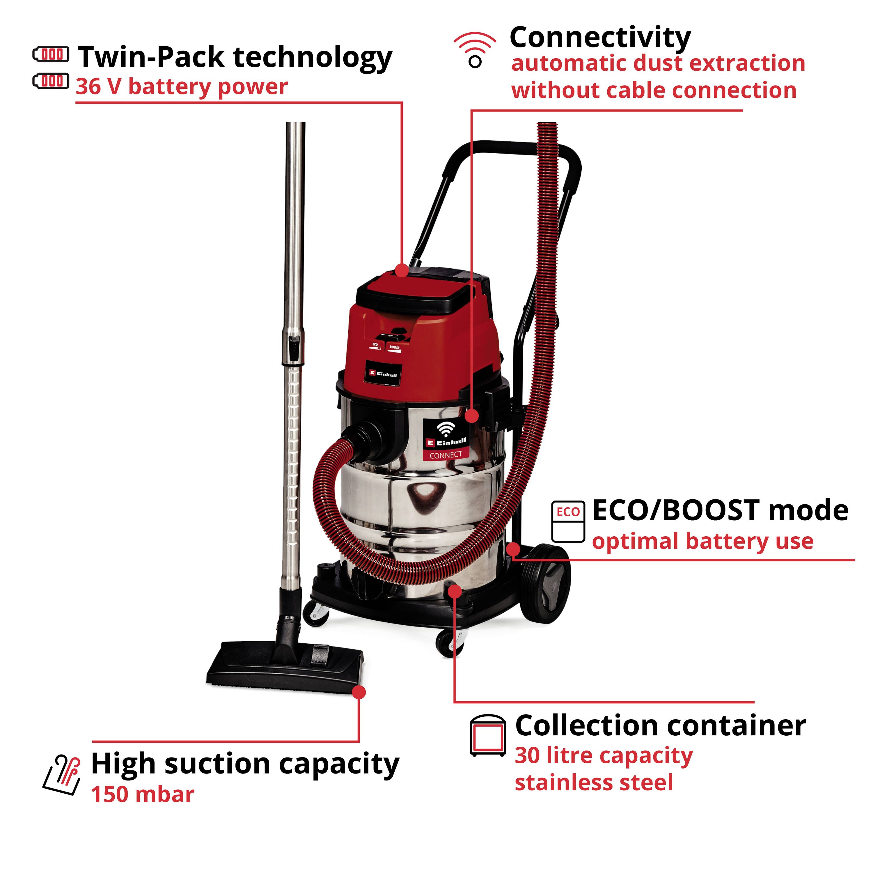 'Red and black cordless vacuum cleaner with Twin-Pack technology, high suction power, ECO/Boost mode, and stainless steel container.'