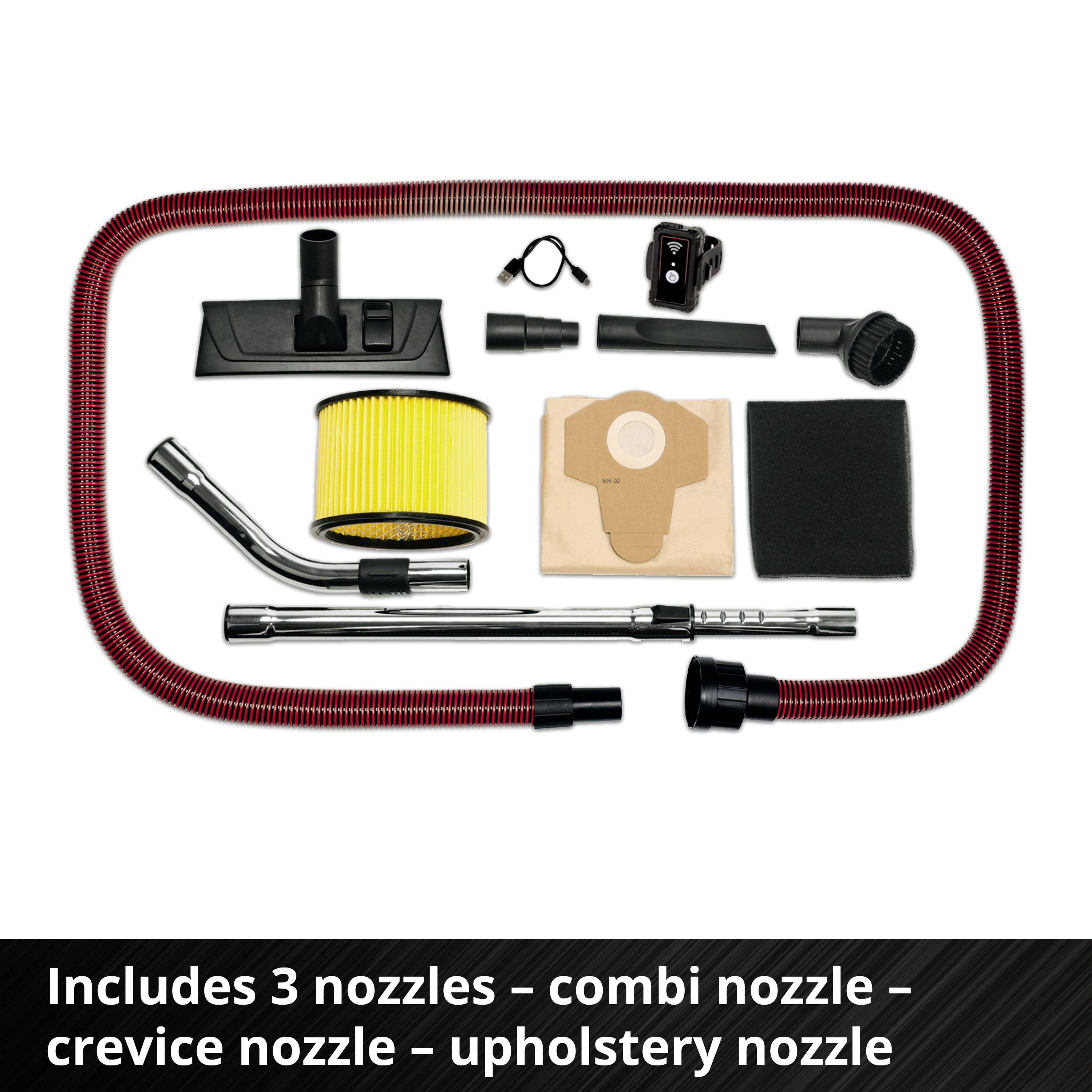 A vacuum cleaner accessory set with hose, filter, three nozzles and additional parts. Text: 'Includes 3 nozzles – Combination nozzle – Crevice nozzle – Upholstery nozzle'.