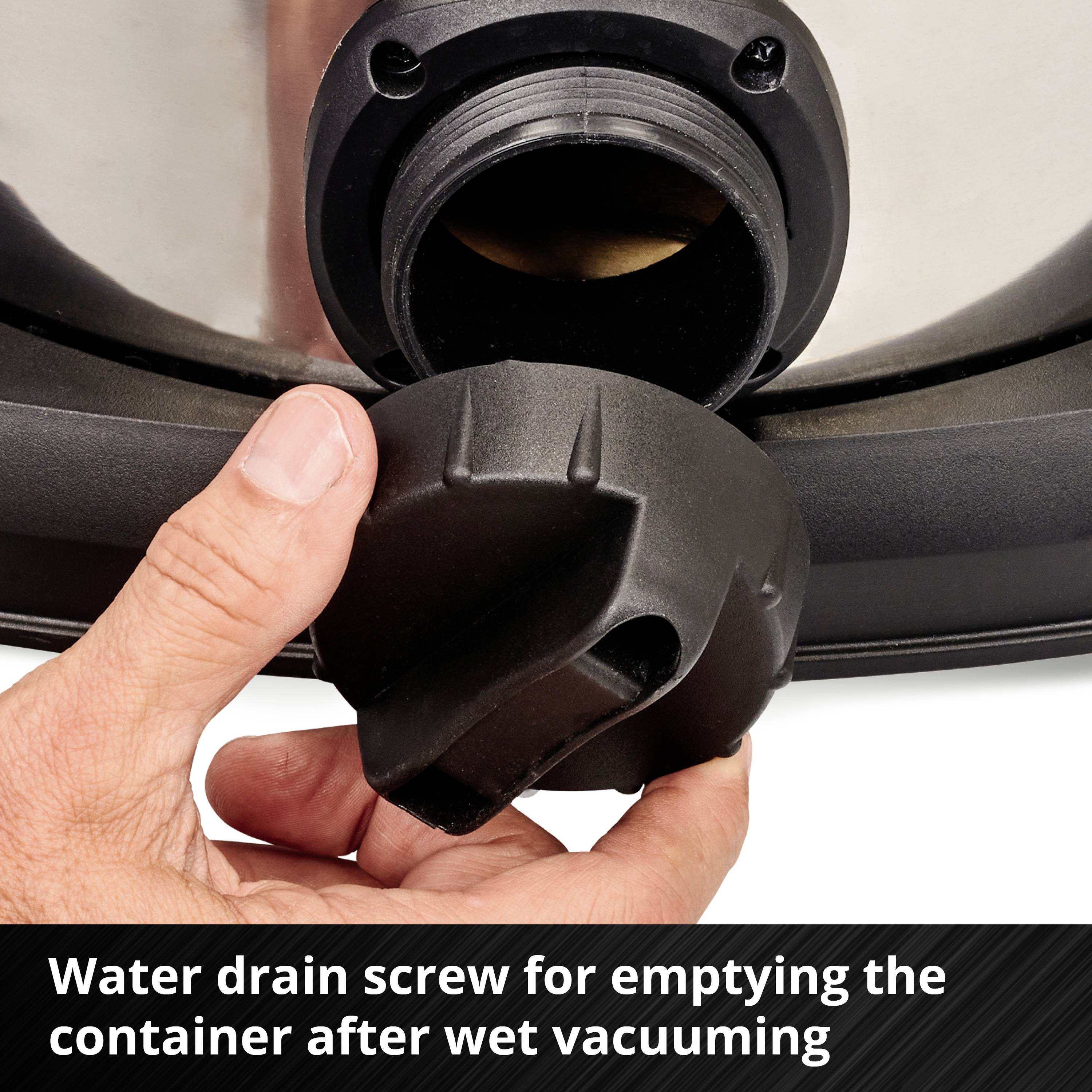 Water drain screw being held in one hand. Subtitle: 'Water drain screw for emptying the container after wet vacuuming'.