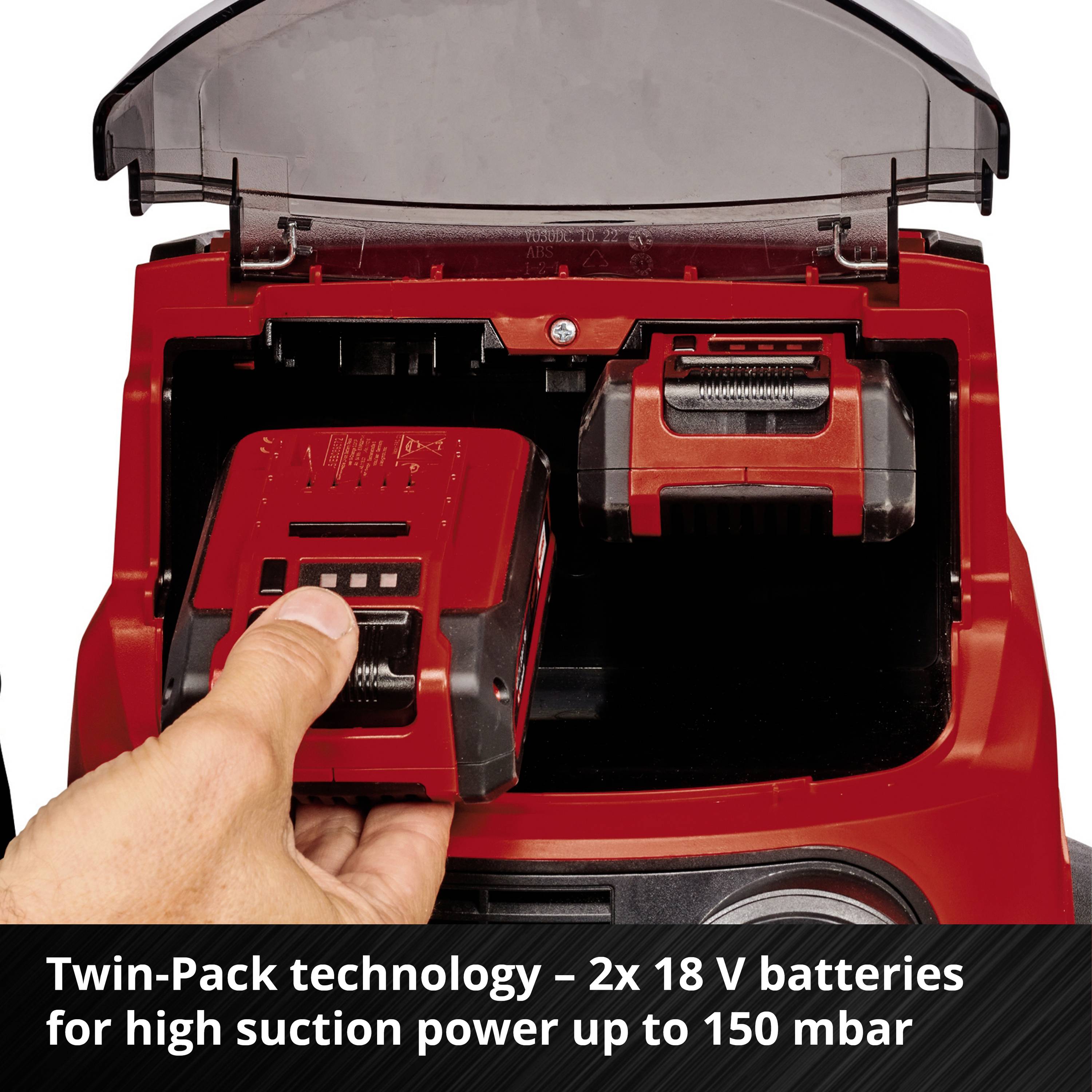 A hand inserts a battery pack into a red device; text below: 'Twin-Pack Technology – 2 x 18 V batteries for high suction power up to 150 mbar'.