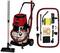 A red industrial vacuum cleaner with accessories: hoses, nozzles, filters, and bags. Suitable for use in workshops.