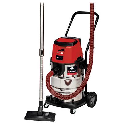 A red and black industrial vacuum cleaner with Wi-Fi connectivity stands on wheels. A long hose with a nozzle is attached.