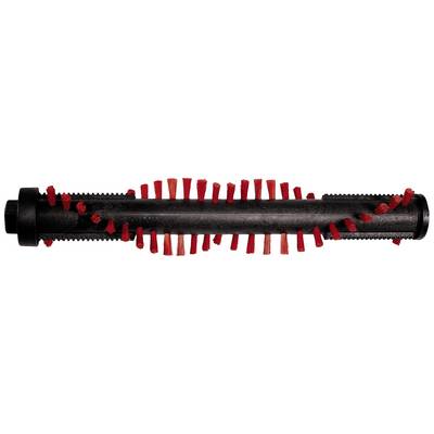 Black and red vacuum cleaner brush attachment, cylindrical with spirally arranged bristles.