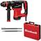 A red hammer drill with accessories: two chisels and a red case with a white 'Einhell' logo. Ideal for construction work.