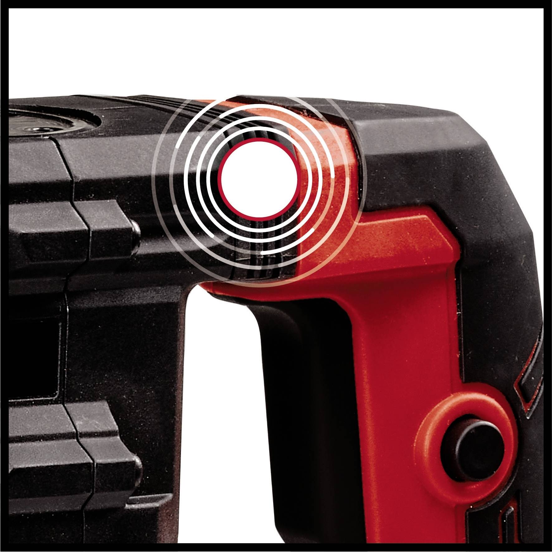 Close-up of a red and black electronic device with a highlighted circle showing the indicator light.