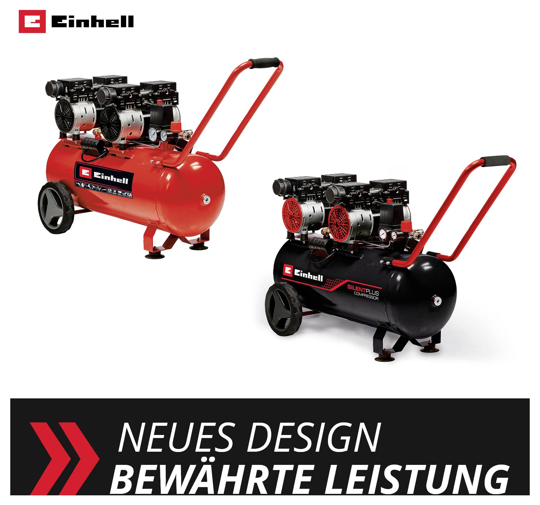 Two Einhell double-piston compressors in red and black with carrying handles; below the slogan 'NEW DESIGN PROVEN PERFORMANCE'.