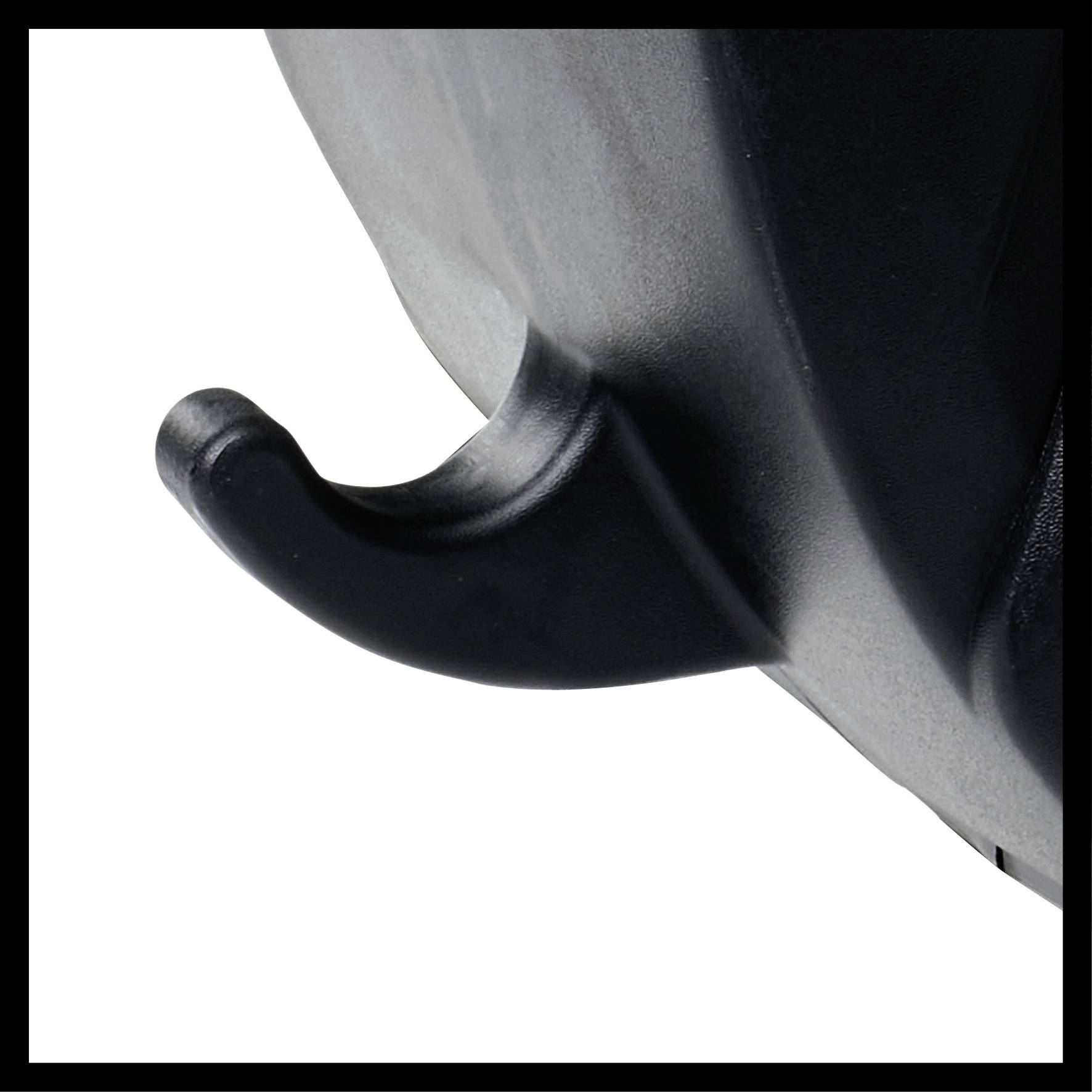 A hook on the underside of a grey container.