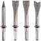 Four different metal chisels lined up, each with different tip shapes for various applications.