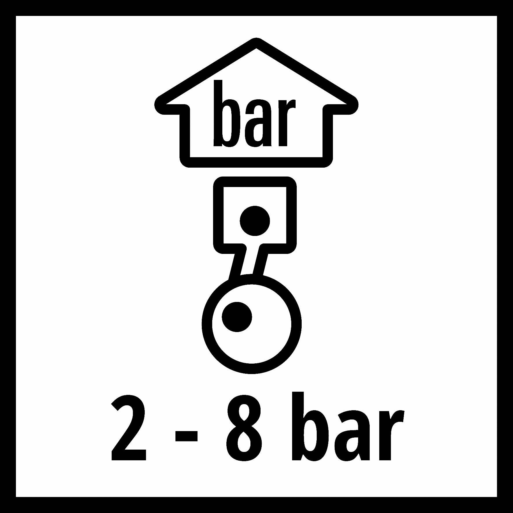 'Pictogram of a compressor; Above: House with text 'bar'. Below compressor, inscription: 2 - 8 bar.'