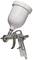 A silver spray gun with a white container, used for precise application of paint or other liquids.
