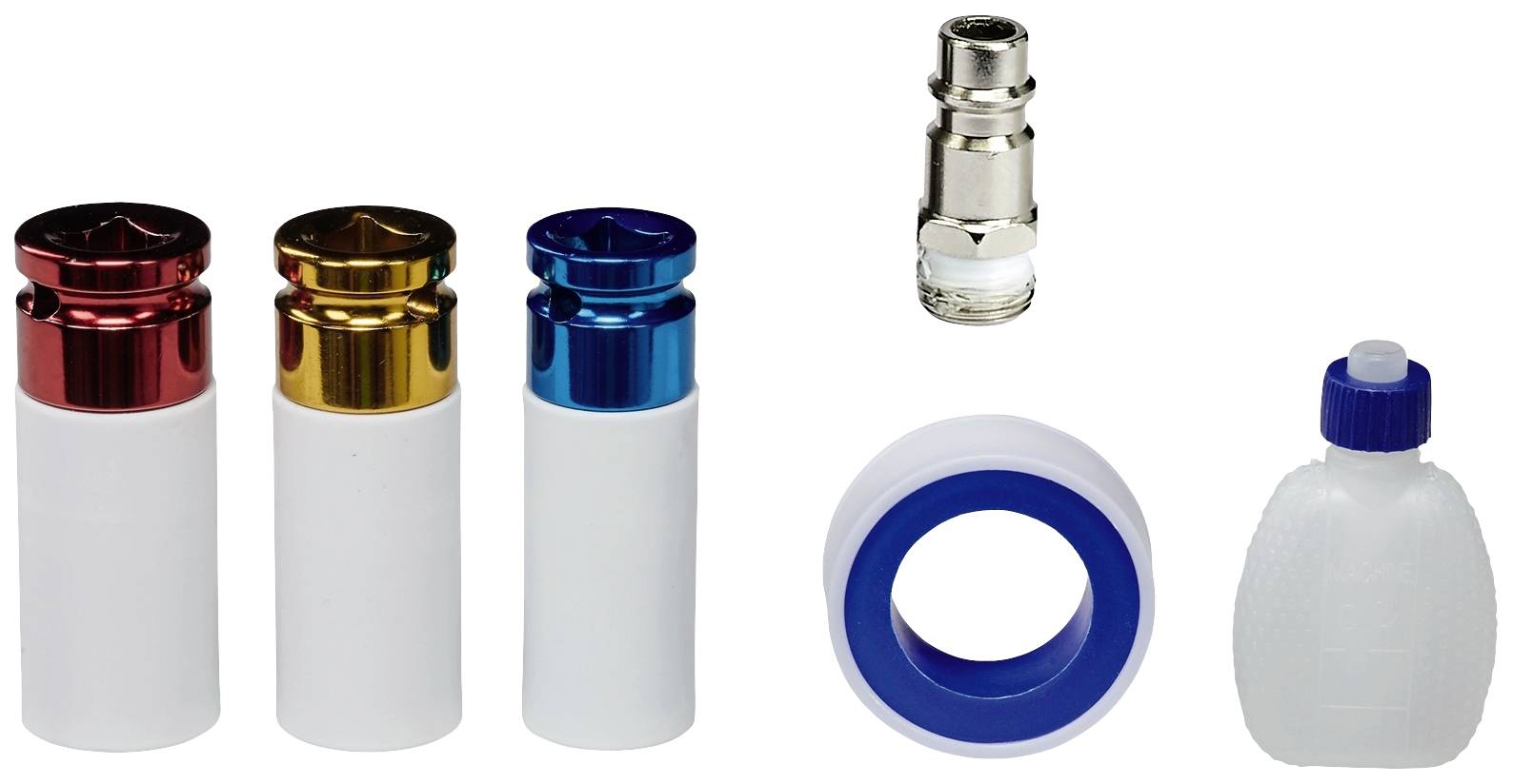 'Three filter keys with red, gold and blue tops, a metal nozzle, a white sealing tape and a dropper bottle.'