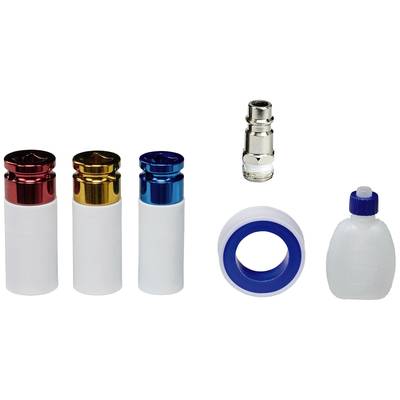 'Three filter keys with red, gold and blue tops, a metal nozzle, a white sealing tape and a dropper bottle.'