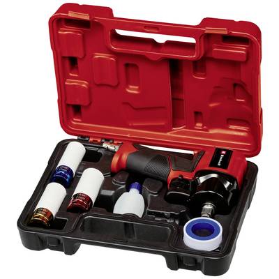 A red toolbox containing a cordless drill, four drill bits, an oil container, and insulating tape, neatly arranged.