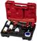 A red toolbox containing a cordless drill, four drill bits, an oil container, and insulating tape, neatly arranged.