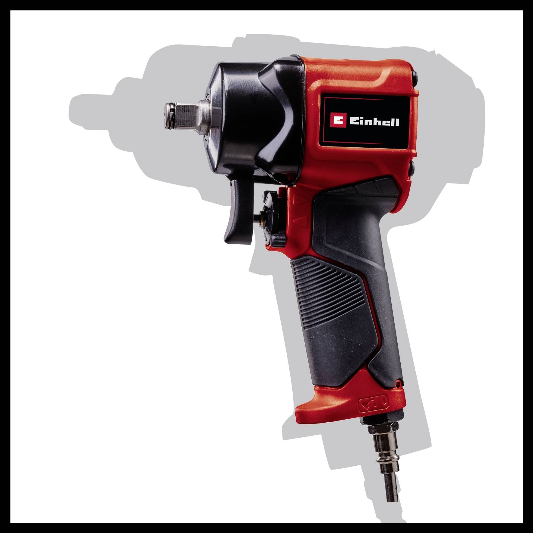 Impact driver with red and black casing and Einhell logo, against a white background. Pneumatic design, compact size.