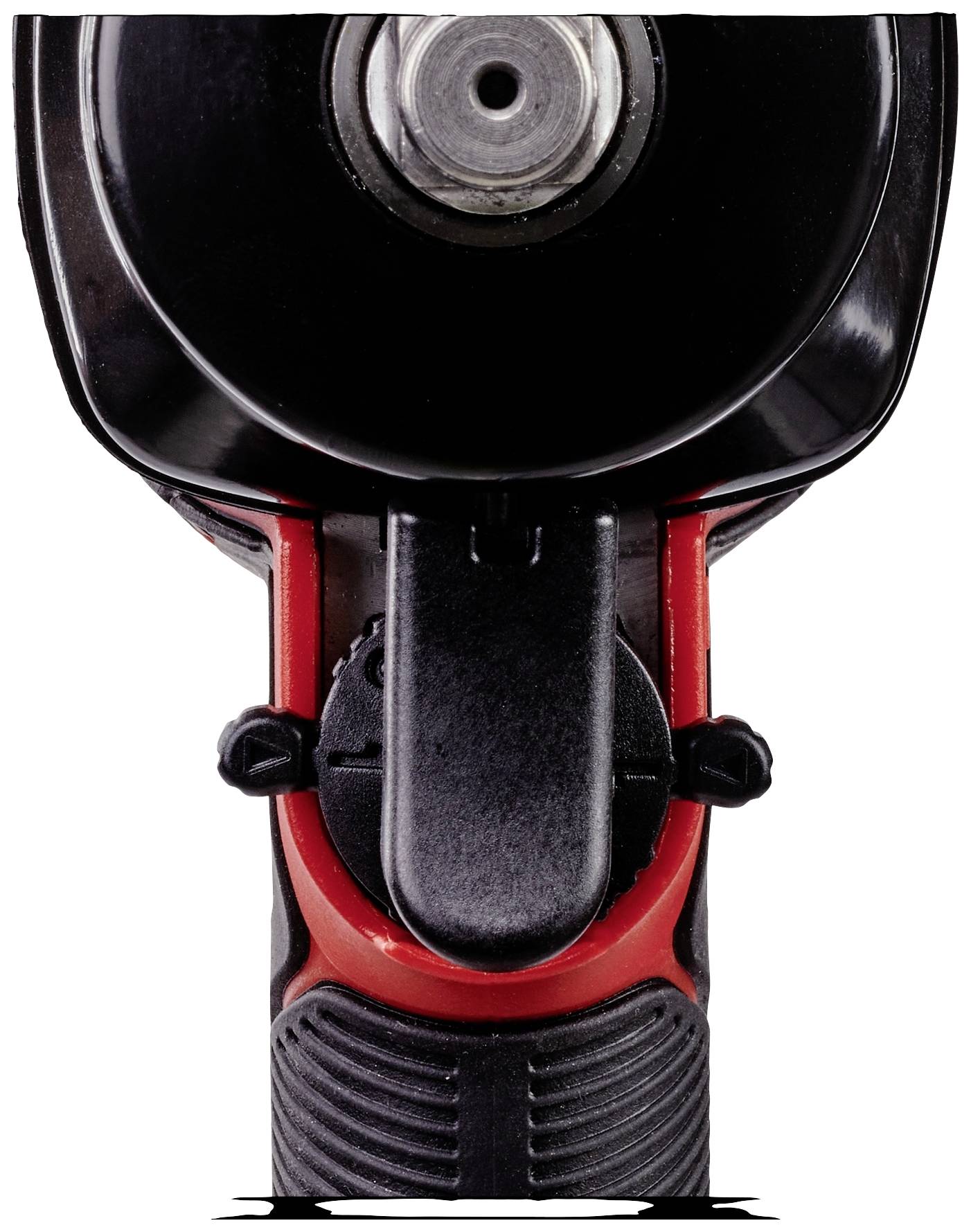A black and red drill from the front, rotary mechanism visible. Focus is on the drill head and grip design.