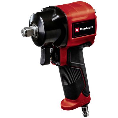 A red and black pneumatic impact wrench by Einhell, ergonomically shaped with a non-slip grip, suitable for automotive repairs.