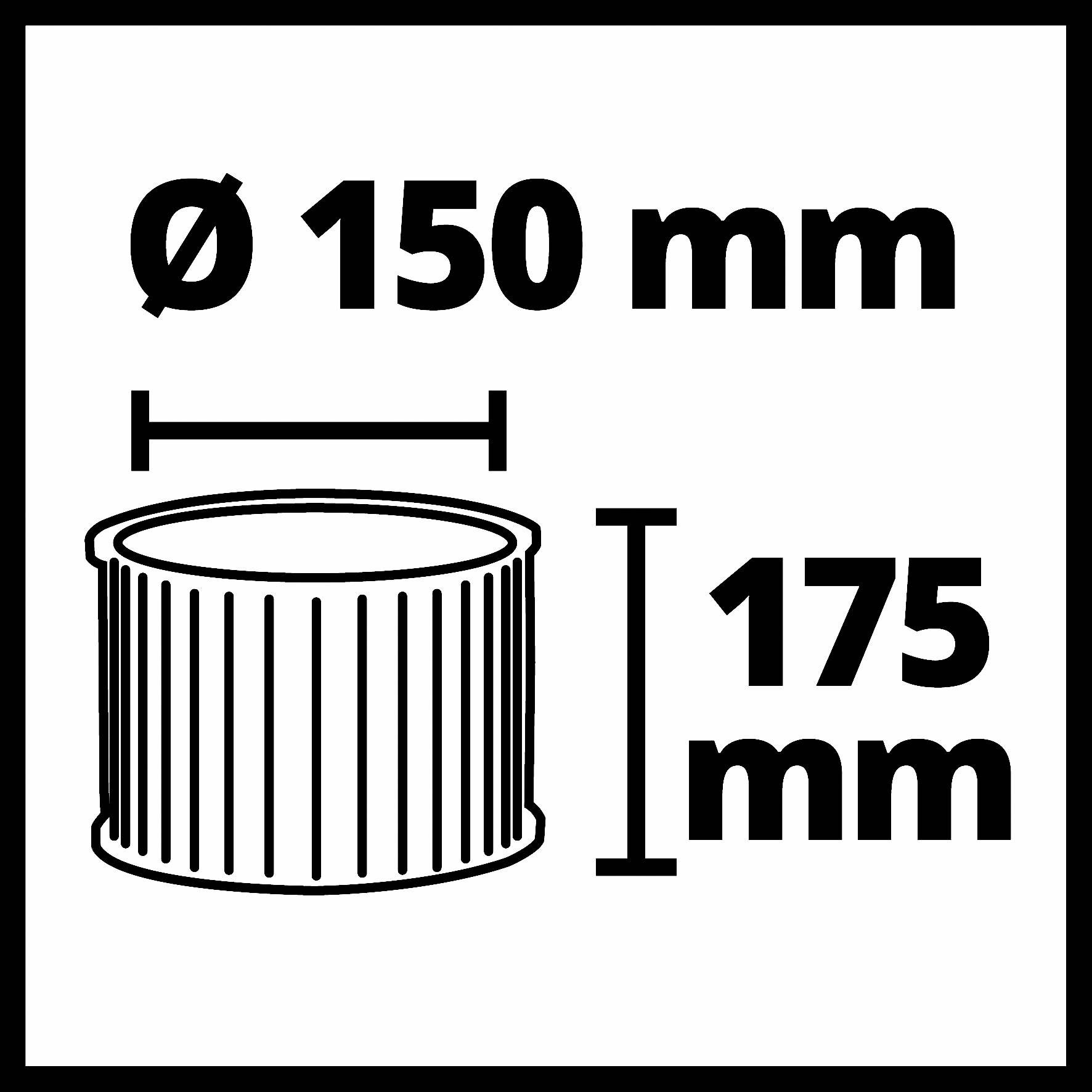 'Cylindrical object with a diameter of 150 mm and height of 175 mm, graphically represented with dimension lines.'
